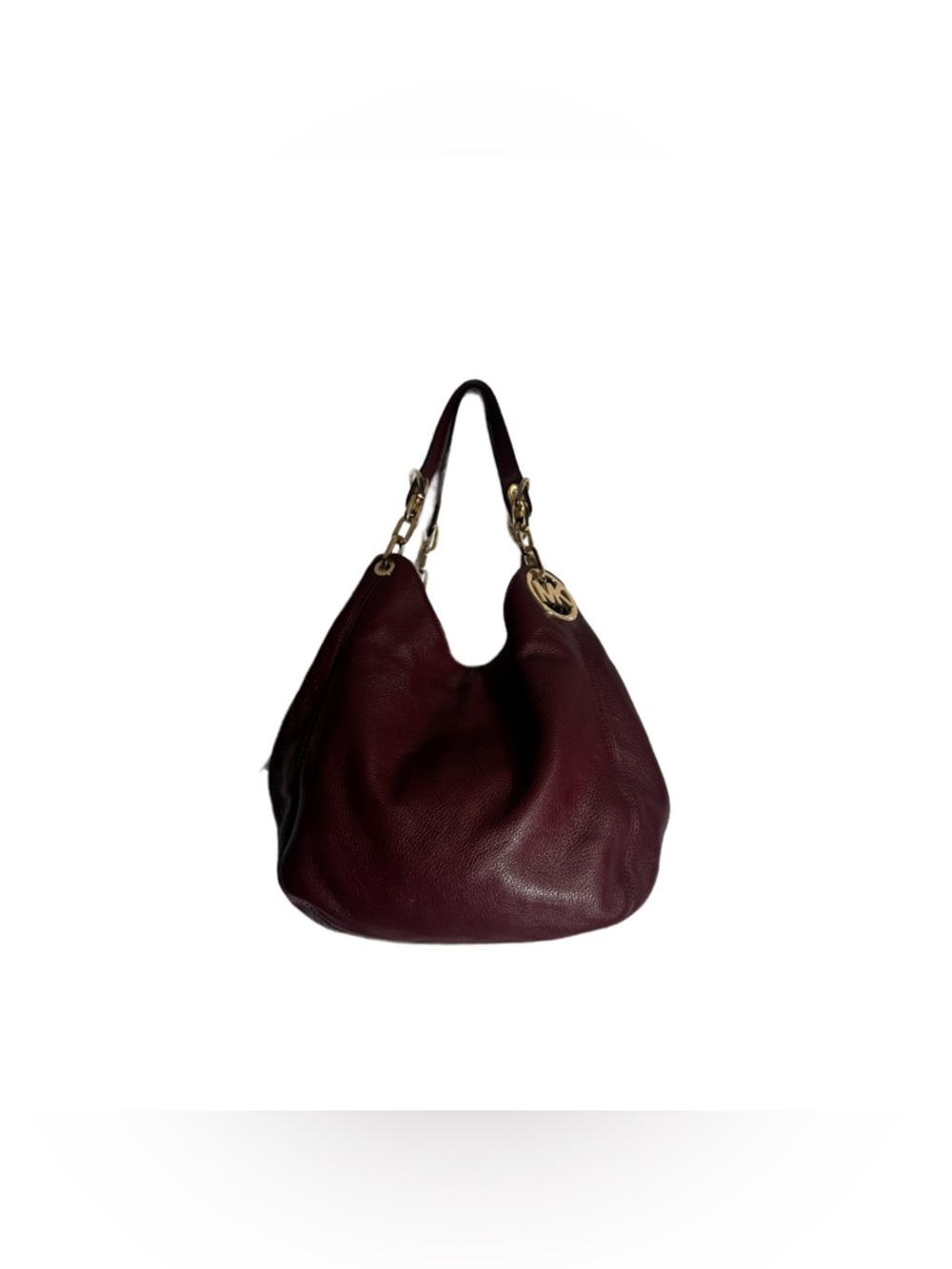 Michael Kors Fulton Hobo Bag Burgundy Pebbled Leather Tote Gold Shoulder Bag - Picture 3 of 7